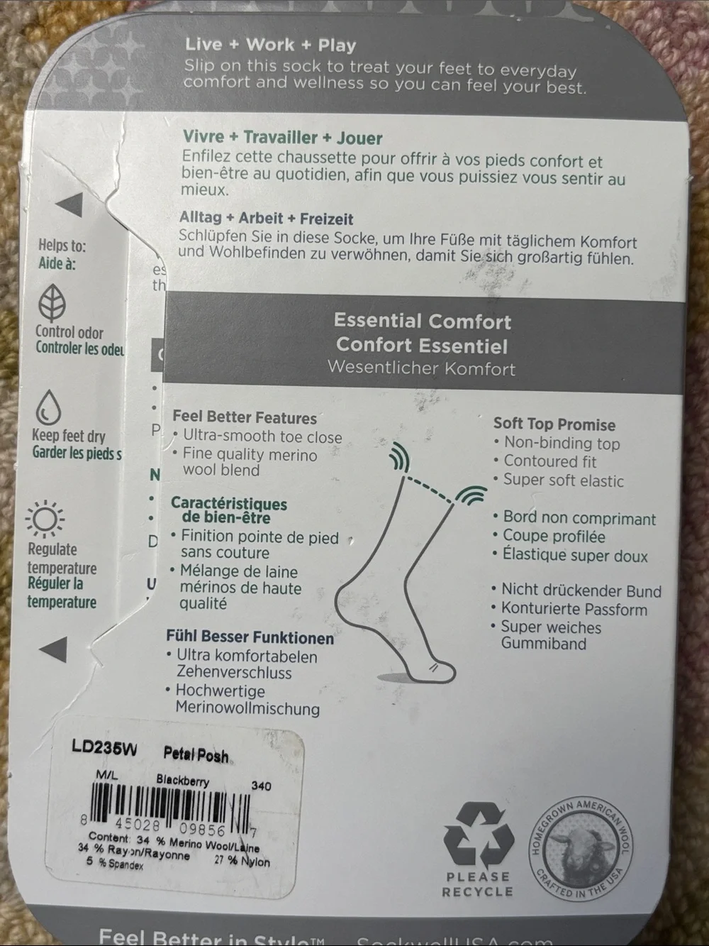 SockWell Essential Comfort Petal Posh BlackBerry Socks NWT women’s size M-L